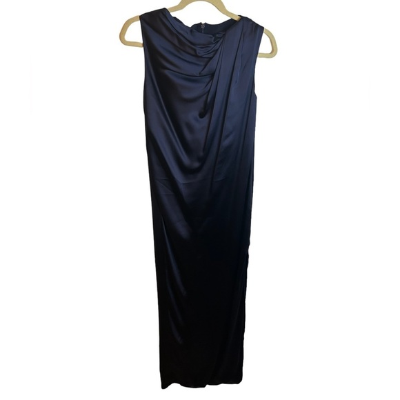 MARINA MOSCONE NAVY BLUE DRAPE NECK GOWN - Picture 1 of 5